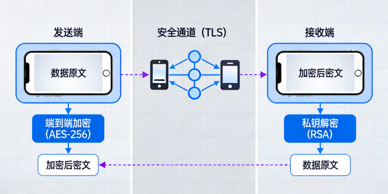 Telegram安全加密技术示意图，展示数据从发送端加密、安全传输到接收端解密的全过程
