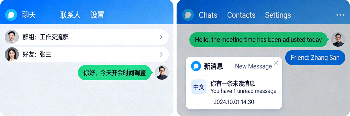 Telegram中文版本地化优化概念图，展示中英文界面对比和推送通知示意图