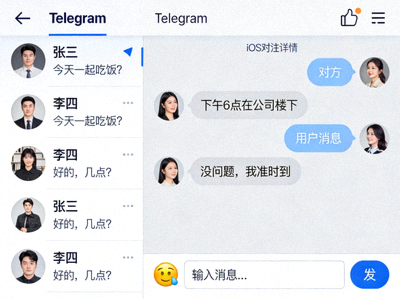 Telegram中文版iPhone应用界面截图，展示iOS系统风格的设计和对话气泡