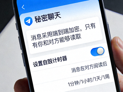 Telegram中文版秘密聊天界面截图，显示端到端加密提示和自毁消息计时器设置选项