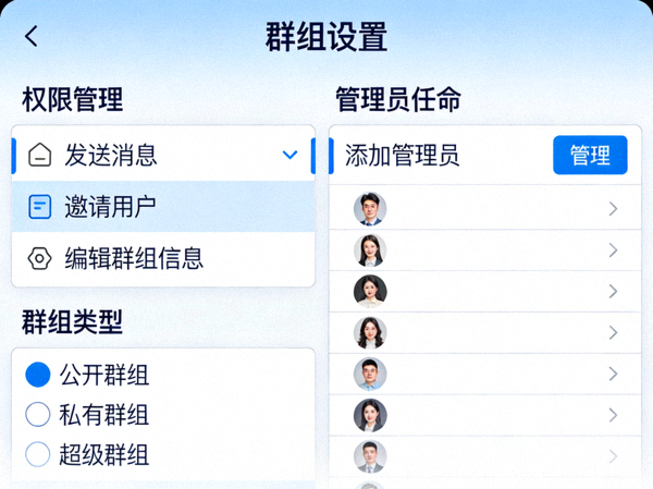 Telegram中文版群组设置界面截图，展示权限管理、管理员任命和群组类型选项