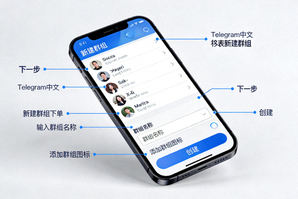 Telegram中文版新建群组界面截图，展示选择联系人和输入群组名称的步骤