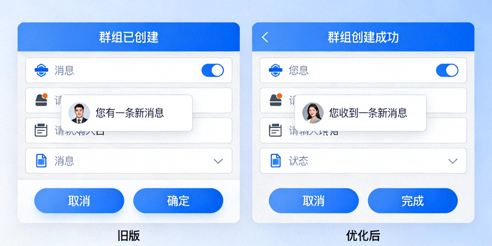 Telegram中文版优化前后界面翻译对比图，左侧为旧版生硬翻译，右侧为优化后自然流畅的中文