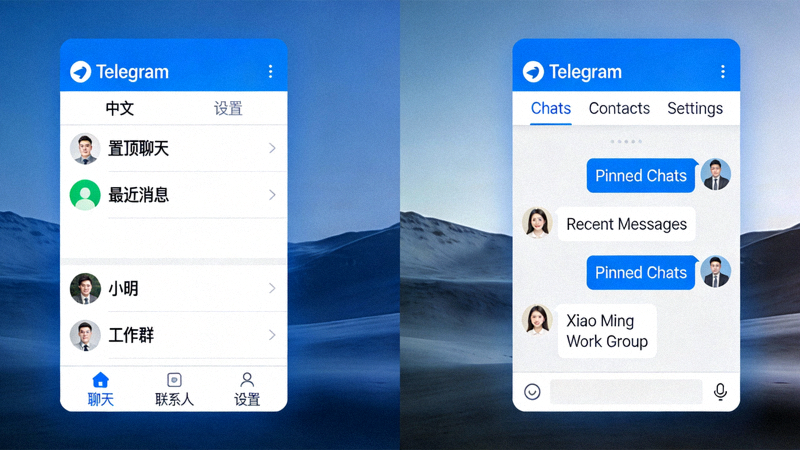 Telegram中文版与英文版主界面并排对比图，清晰展示语言差异