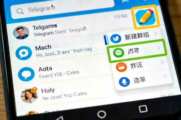 Telegram中文版主界面截图，高亮显示右上角的铅笔图标和新建群组菜单项