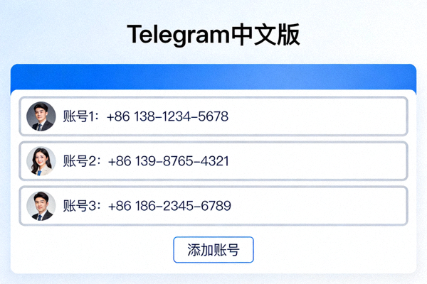 Telegram中文版桌面端多账户登录界面展示，清晰显示多个账号同时在线并可以快速切换
