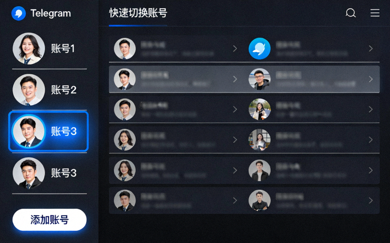 Telegram桌面端账号切换器功能演示截图，展示侧边栏多个账号头像和快速切换效果