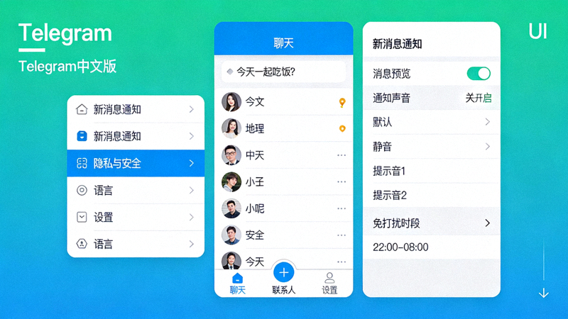 展示Telegram中文版针对中国用户优化的界面，包括更地道的翻译和符合本地习惯的推送设置界面
