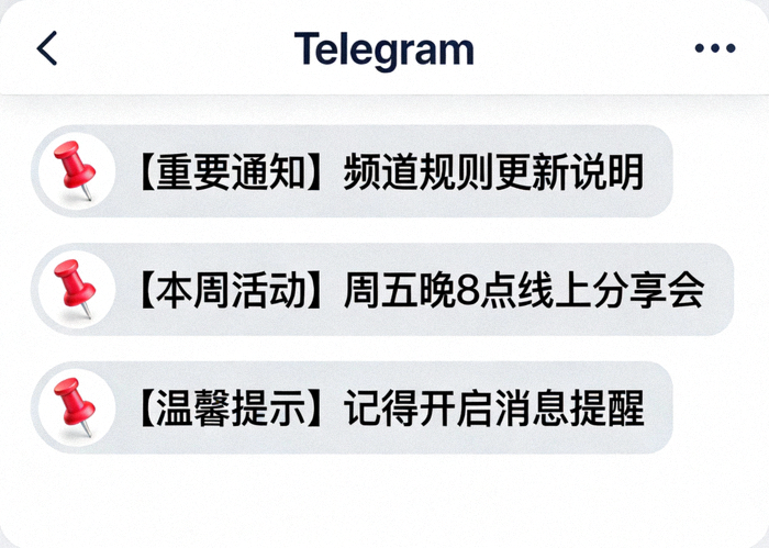 展示Telegram中文版频道中置顶消息的实际效果，三条置顶消息带有图钉图标显示在聊天窗口顶部