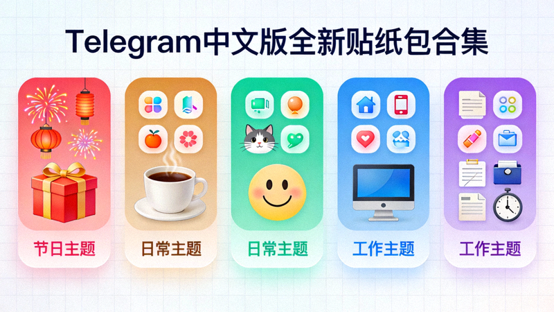 展示Telegram中文版全新推出的五套特色贴纸包合集，包含节日、日常、工作等主题